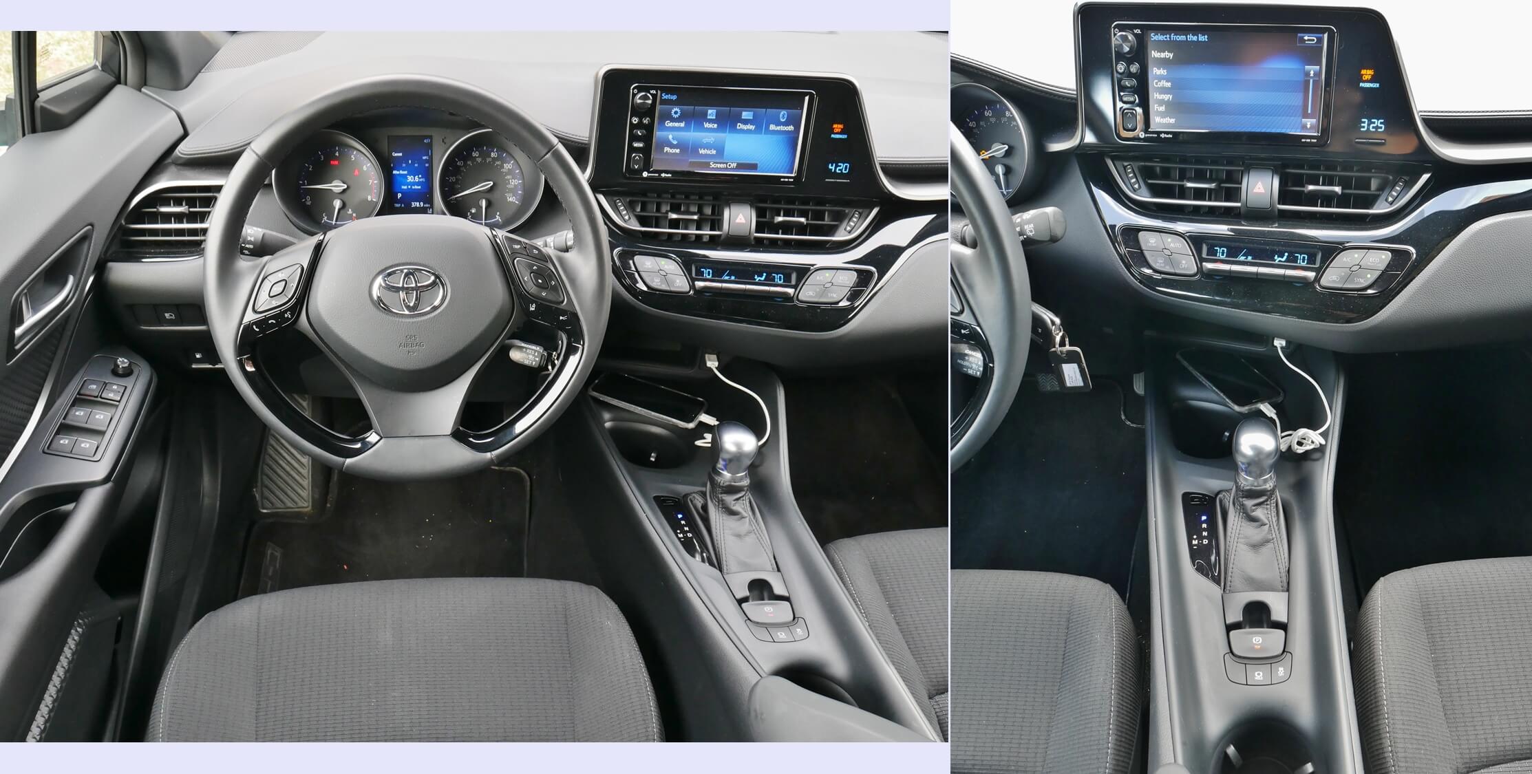 2018 Toyota C-HR XLE: cockpit layout mixes large needle analogue gauges with driver canter center stack featuring 7.0" LCD touch infotainment including wireless device powered Pandora music & "aHa" location apps