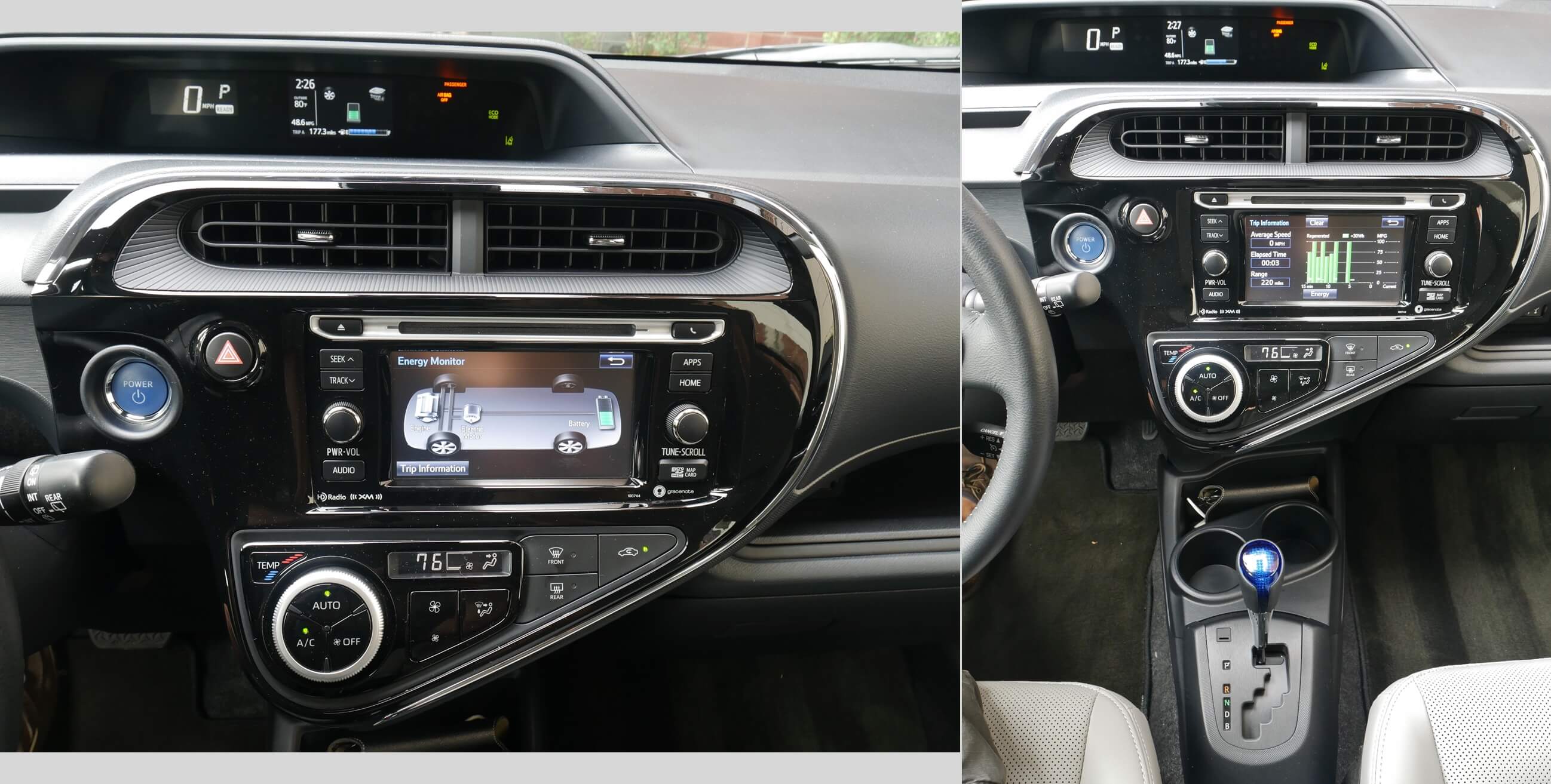 2018 Toyota Prius C Four: Upper gauge cluster and infotainment screen energy flow and efficiency displays