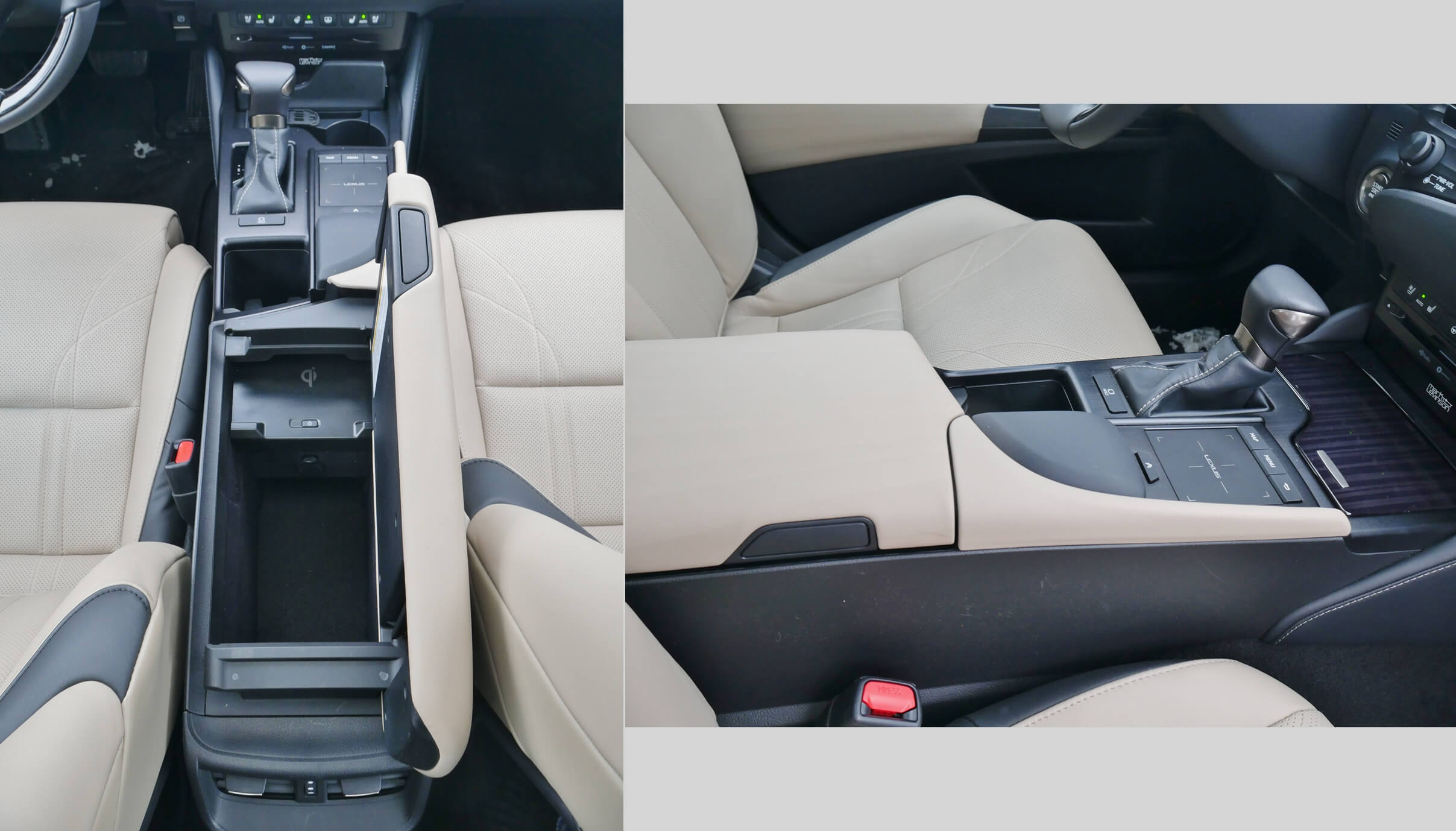 2019 Lexus ES 350: Dual hinged driver and passenger accessible center console storage w/ available Qi wireless charger shelf