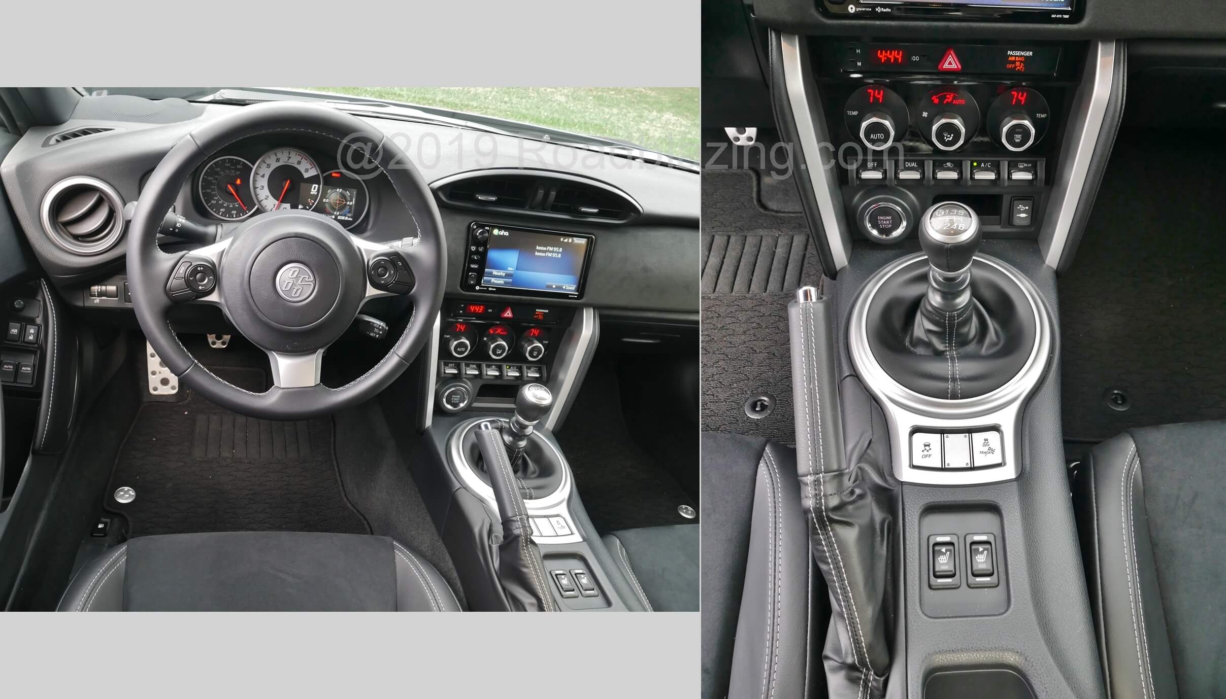 2019 Toyota 86 GT: cockpit center stack and console, 7.0" Pioneer touch LCD infotainment, parking hand-brake + two-stage stability control de-activation switches for track, drifting.