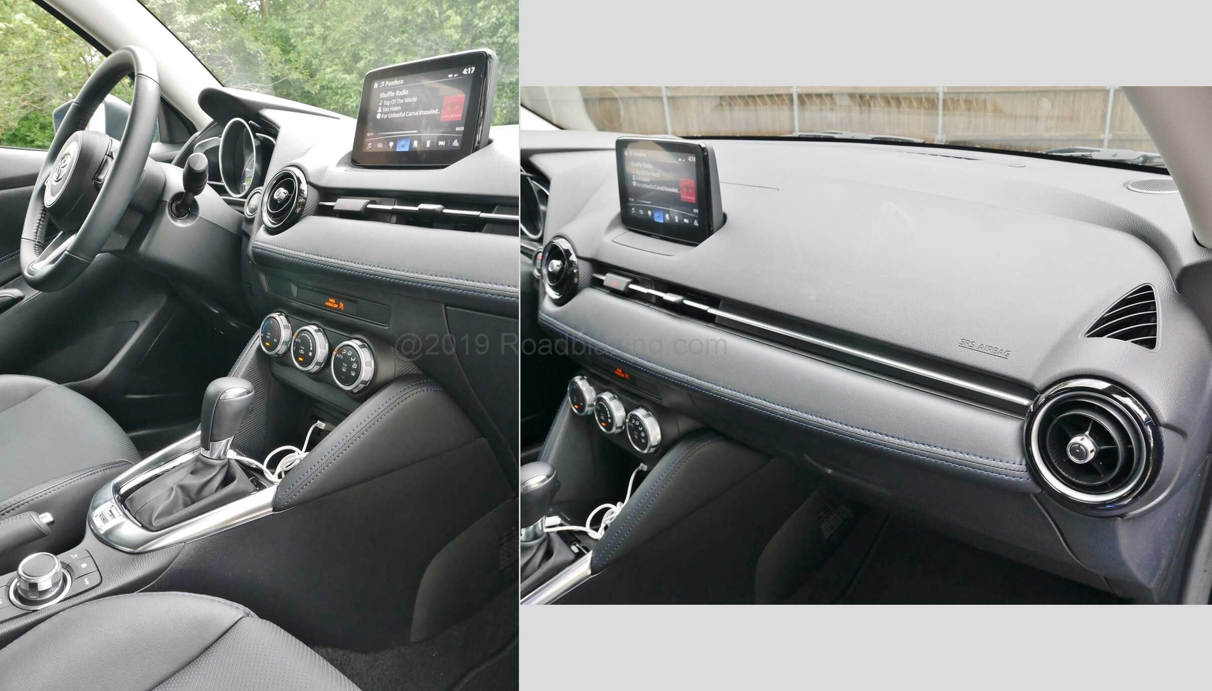 2019 Toyota Yaris sedan XLE: Shaming most other entry subcompacts is splayed knee forward center console padding, genuine tandem blue contrast stitching on all soft panels including the middle dash and tight grained dense hard plastic dash top for a quality feel.